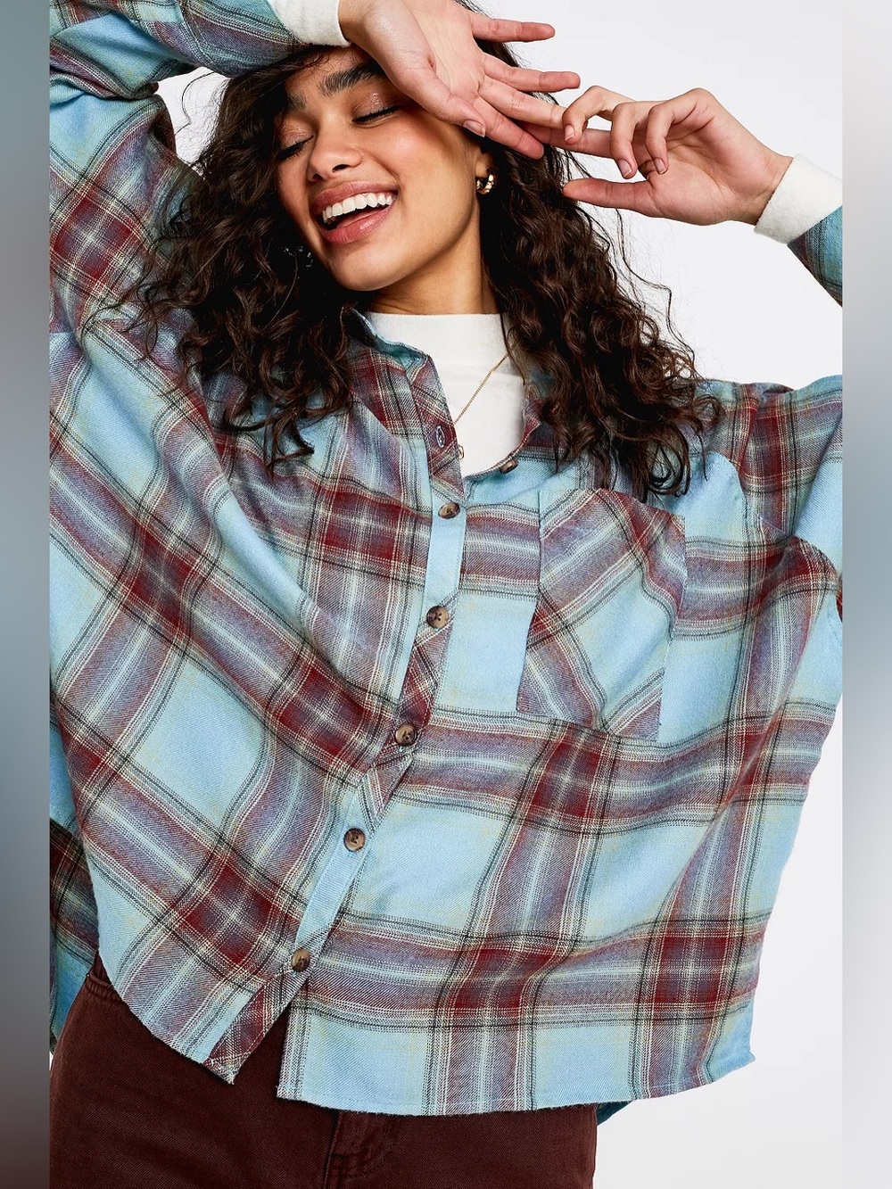 UO Brendan Turquoise Drapey Flannel Button-Through Shirt